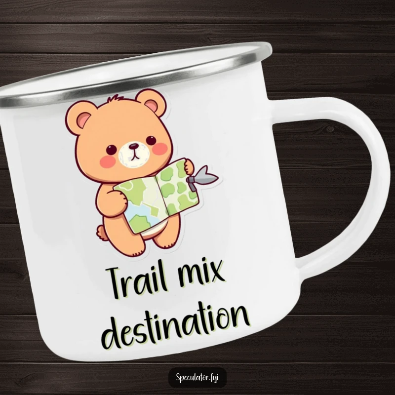 Funny kawaii bear camping mug, holding a map and pointing the way, ideal for outdoor adventures and beverages.