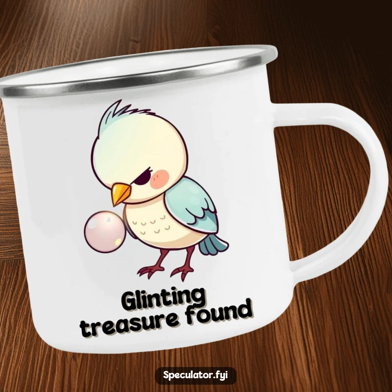 Funny, durable camping mug with a kawaii bird showing intense focus on a shiny button, perfect for humorous outdoor excursions.