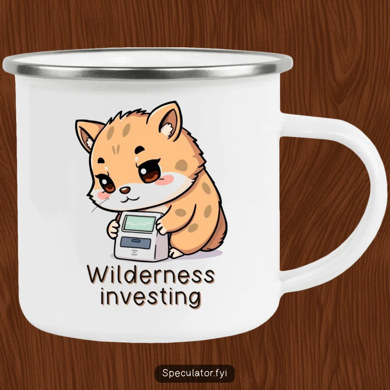 Funny Kawaii animal camping mug with determined look examining a stock ticker, for outdoor analysts and as a funny gift.