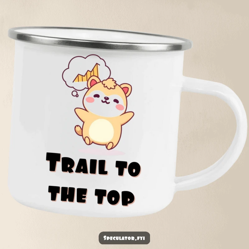 Funny Kawaii animal camping mug bouncing with a rising graph, for outdoor optimism and as a funny gift.