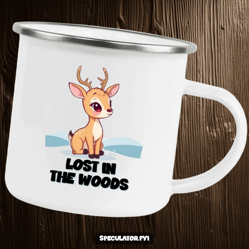 Funny kawaii deer camping mug, with a thoughtful expression, gazing at a distant horizon, ideal for outdoor enjoyment.