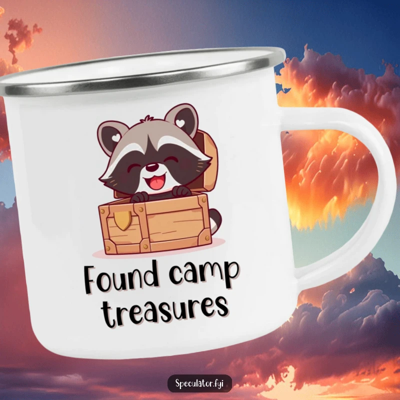 Funny kawaii raccoon camping mug, peeking gleefully into a treasure chest, ideal for outdoor adventures and hot beverages.