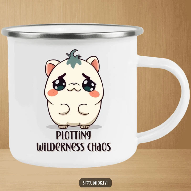Funny Kawaii Creature Camping Mug: A mischievous Kawaii creature grins while tilting its head, perfect for funny outdoor plotting.