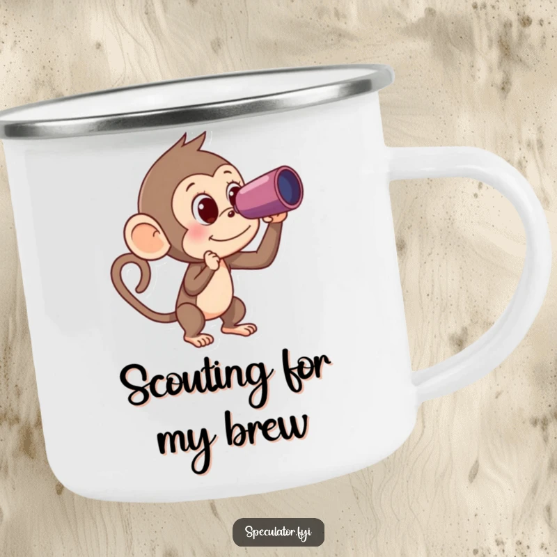 Funny Monkey Camping Mug: a curious monkey spies a banana with a spyglass, perfect for humorous outdoor adventures.