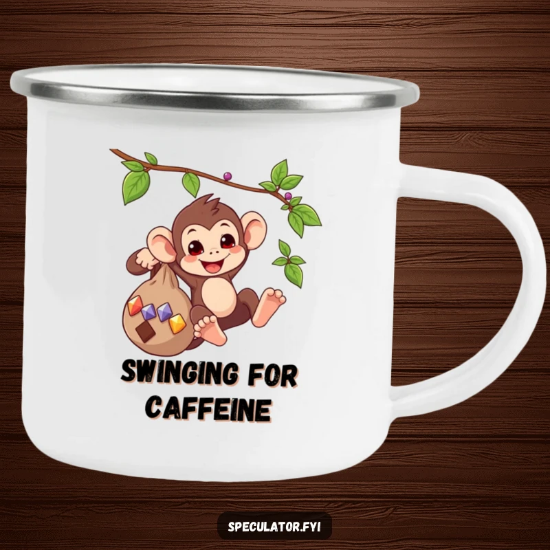 Funny camping mug graphic of a playful monkey swinging from a vine with a bag of gems, ready for outdoor fun.
