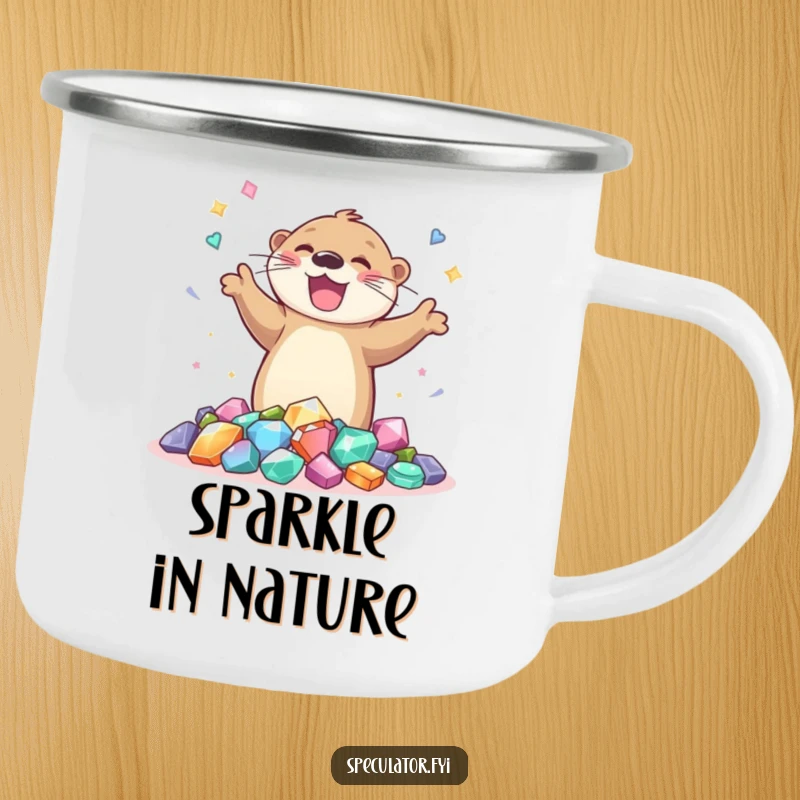 Funny and durable camping mug with a joyful otter dancing around gems, perfect for outdoor enthusiasts who love cheerfulness.