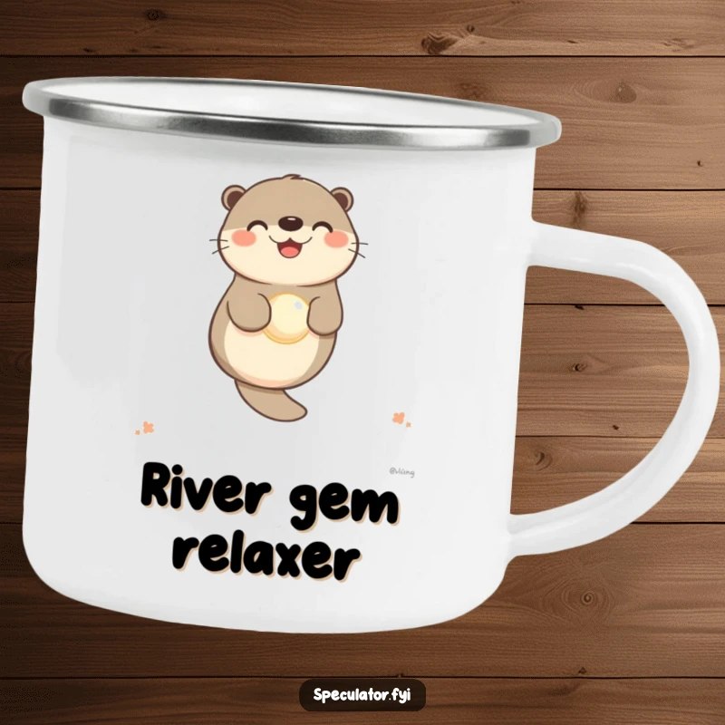 Funny otter camping mug with a happy character floating with a pearl, perfect for outdoor enjoyment.