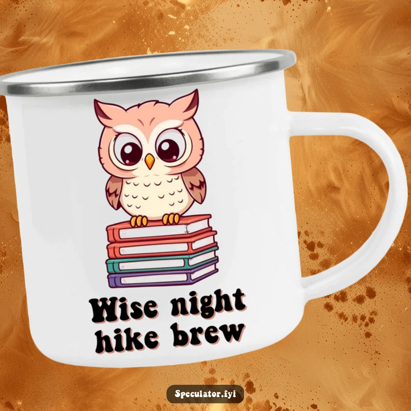 Funny Owl Camping Mug: a clever owl calculates on books, perfect for humorous outdoor adventures and contemplation.