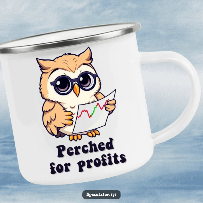 Funny owl with a monocle, examining stock charts, on a durable camping mug, perfect for outdoor enthusiasts.