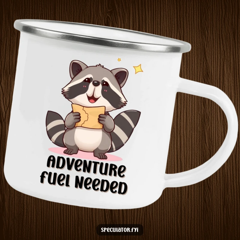 Funny raccoon camping mug featuring a raccoon with a treasure map, perfect for humorous outdoor adventures.