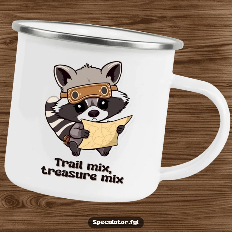 Funny enamel camping mug featuring a determined raccoon with a mask, studying a treasure map, ideal for outdoor drinks with a humorous quest. A great funny gift.
