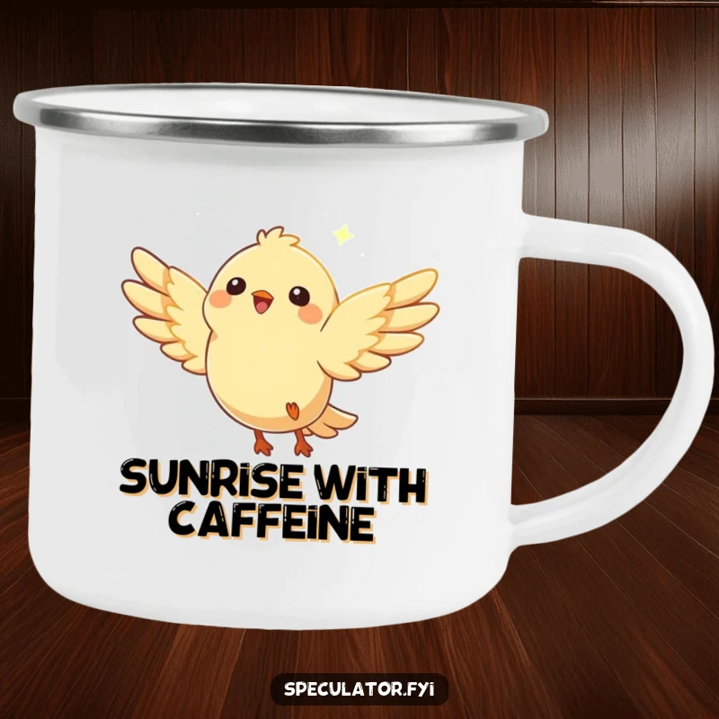 Funny bird camping mug of a happy character with wings spread, soaring dynamically towards a bright, distant glimmer.