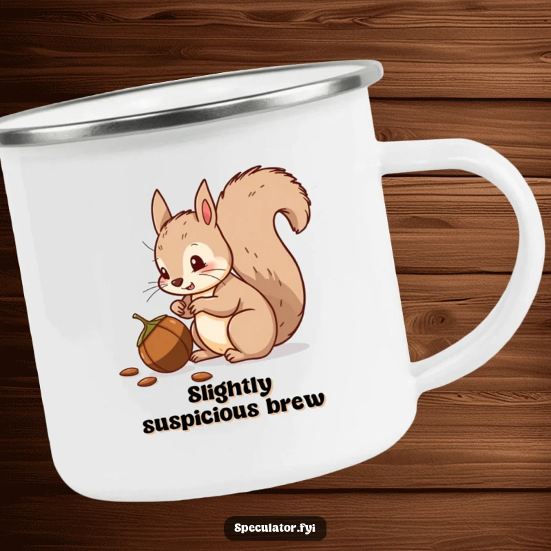 Funny squirrel camping mug, bushy tail, suspiciously eyeing a nut, durable and humorous for outdoor use.