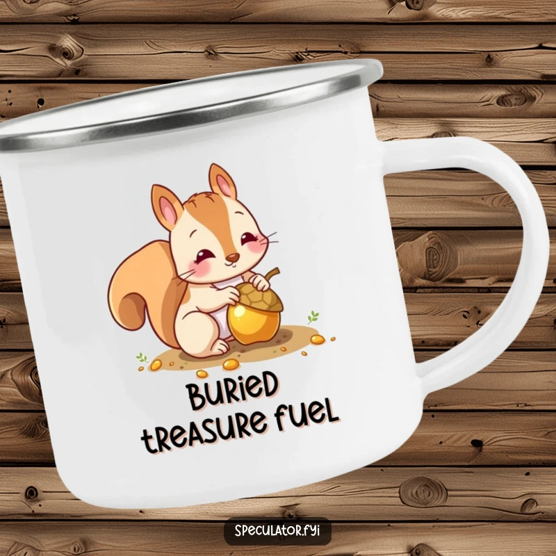 Funny squirrel camping mug with a character burying a shiny gold acorn, perfect for outdoor humor.