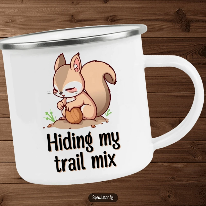 Funny Squirrel Camping Mug: a nimble squirrel buries a nut while glancing around, perfect for humorous outdoor adventures.