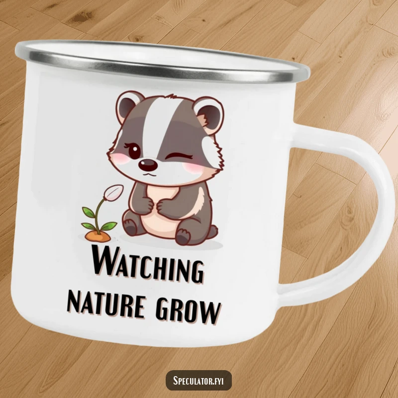 Funny Badger Camping Mug: A winking badger observes a sprouting seed on a camping mug, perfect for sneaky outdoor humor.