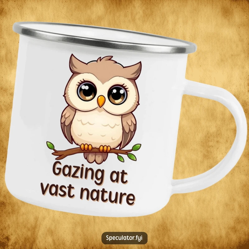 Funny owl camping mug, large eyes, perched, gazing thoughtfully, durable and wise for outdoors.