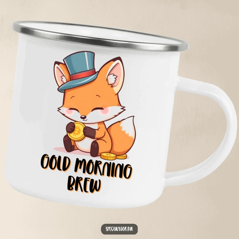 Funny camping mug graphic of a sophisticated fox in a tiny top hat, inspecting a gold coin, hardy and humorous.