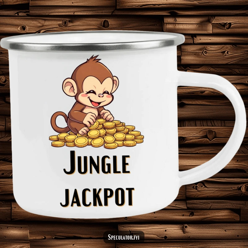 Funny cheeky monkey camping mug, joyfully counting coins, durable and humorous outdoor drinkware.