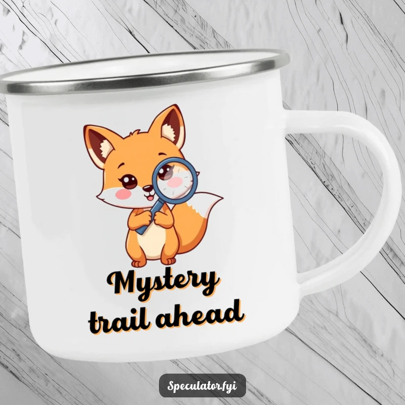 Funny cheerful fox camping mug holding magnifying glass to question mark, a curious detective character for rugged investigations.