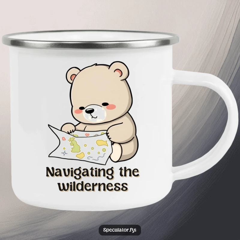Funny camping mug graphic of a thoughtful bear studying a complex map, ready for outdoor exploration.