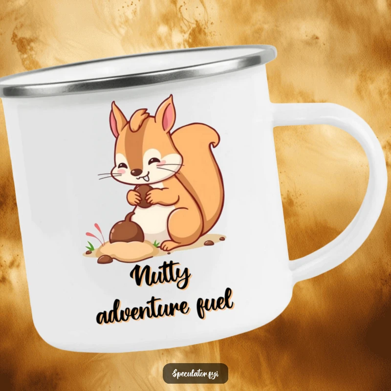 Funny kawaii squirrel character with a sly grin burying a nut beside a campfire on a camping mug.