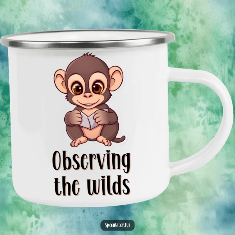 Funny and durable camping mug with a clever monkey analyzing patterns, perfect for adventurers who enjoy observation.