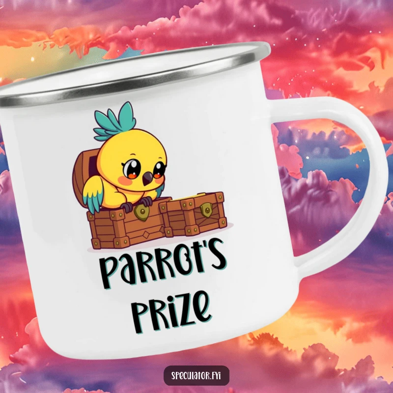 Funny curious parrot camping mug, observing a treasure chest, durable and humorous outdoor drinkware.