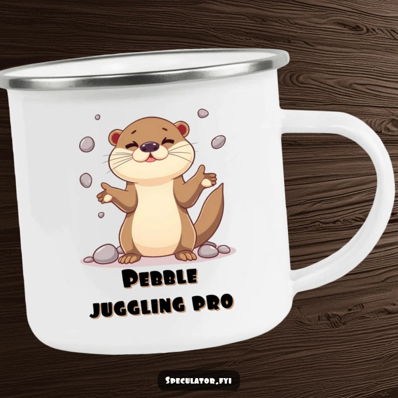 Funny playful otter character camping mug juggling shiny pebbles with impressive dexterity, perfect for outdoor adventures and showcasing skill.