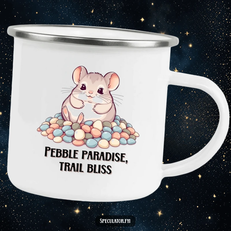 Funny playful chinchilla rolling in shimmering pebbles on a camping mug, humorous and rugged.