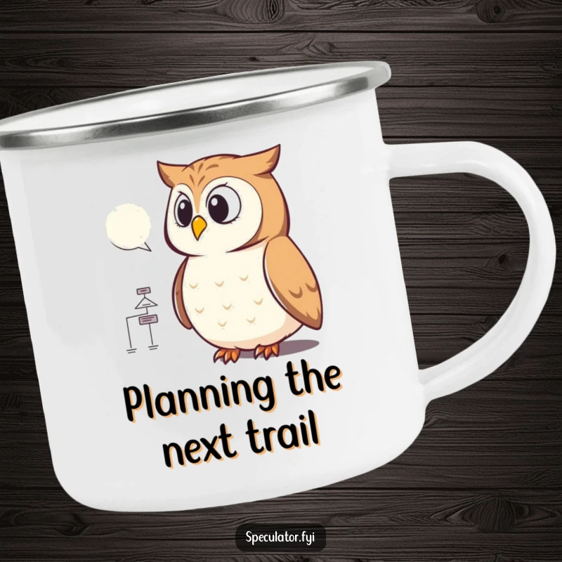 Funny camping mug with a wise owl analyzing a flowchart, designed for outdoor enthusiasts who appreciate smart humor and rugged durability.