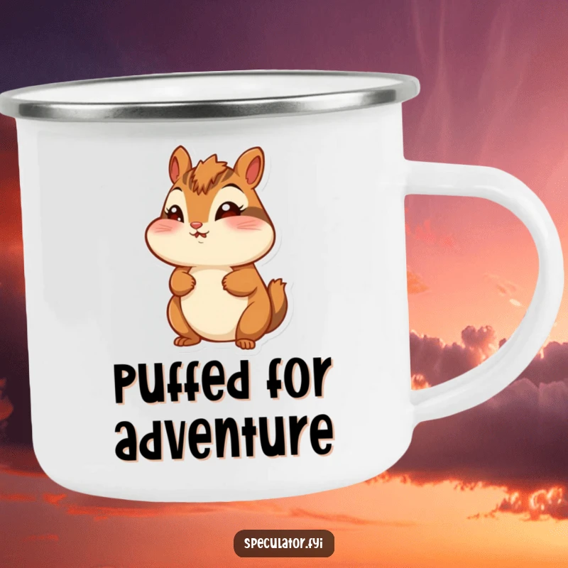 Funny chipmunk camping mug, puffed cheeks, looking around with wonder, durable and cheerful for outdoors.