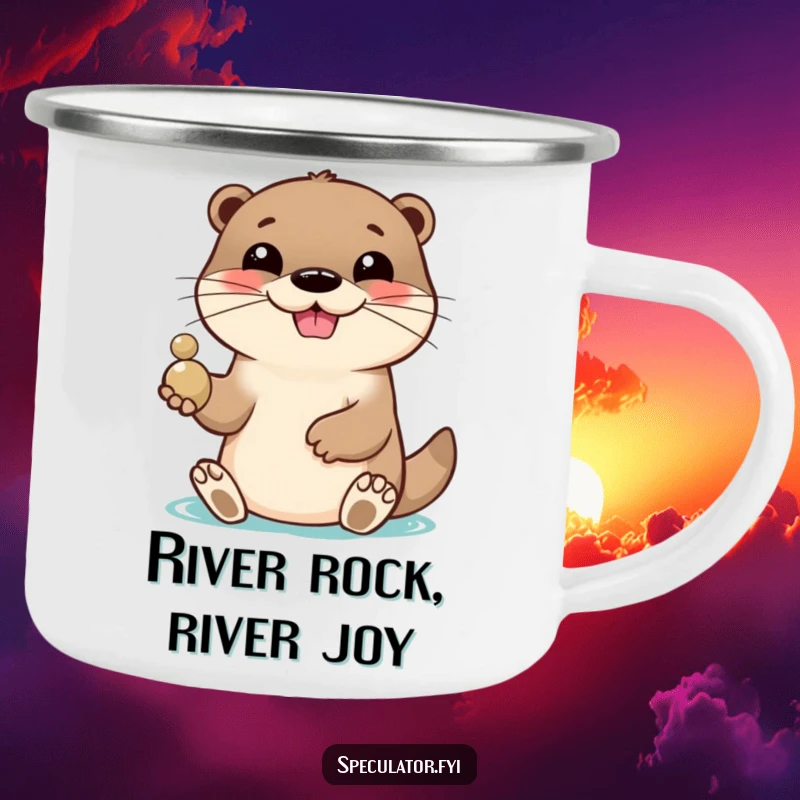 Funny enamel camping mug featuring a lively otter with a playful grin, tossing a shiny pebble, ideal for outdoor drinks with humor. A great funny gift.