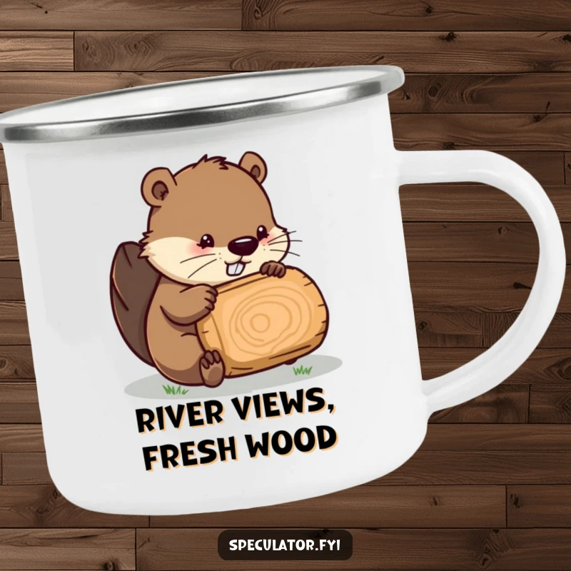 Funny Beaver camping mug, a beaver character inspecting a log, built for rugged, humorous outdoor enjoyment.