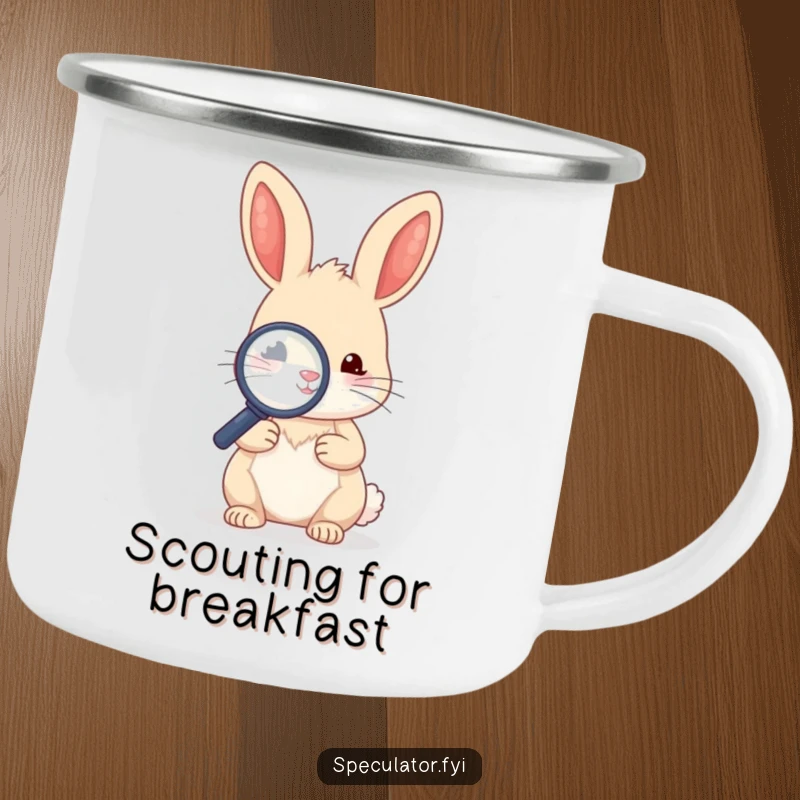 Funny kawaii rabbit character holding a magnifying glass and examining a small object near a campfire on a camping mug.