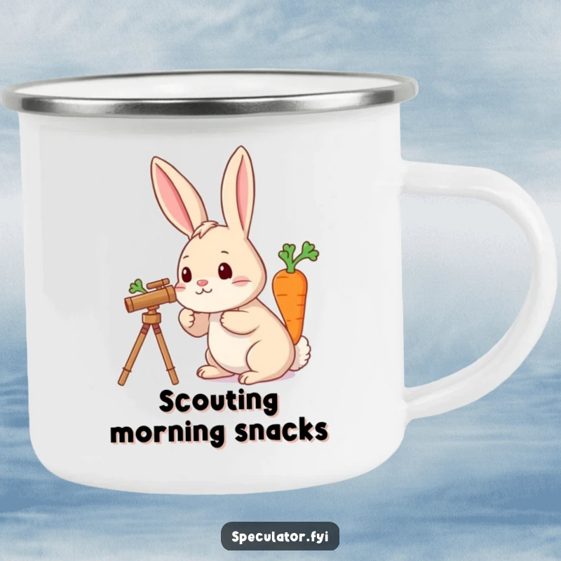 Funny camping mug graphic of a rabbit with a telescope, looking for a carrot, ready for outdoor adventures.