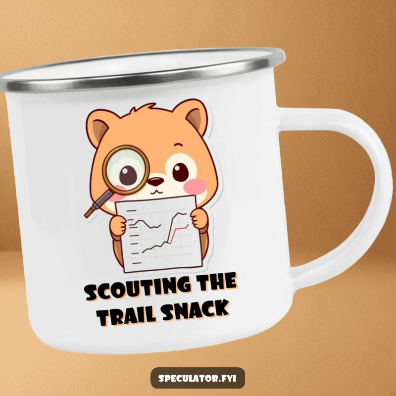 Funny Kawaii animal character camping mug, wearing a monocle and studying a chart, durable and perfect for outdoor contemplation.