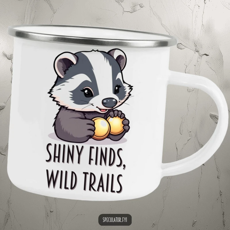 Funny determined badger with a bright smile carefully inspecting a shiny button on a camping mug, humorous and rugged.