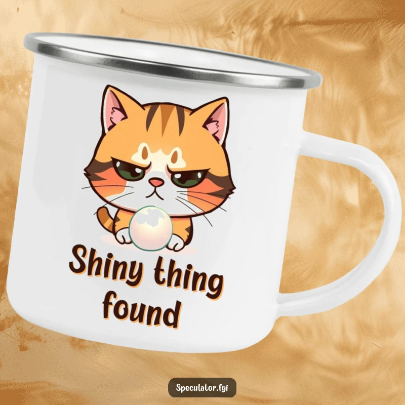 Funny skeptical cat camping mug examining shimmering object with narrowed eyes, a suspicious pet character for rugged investigations.