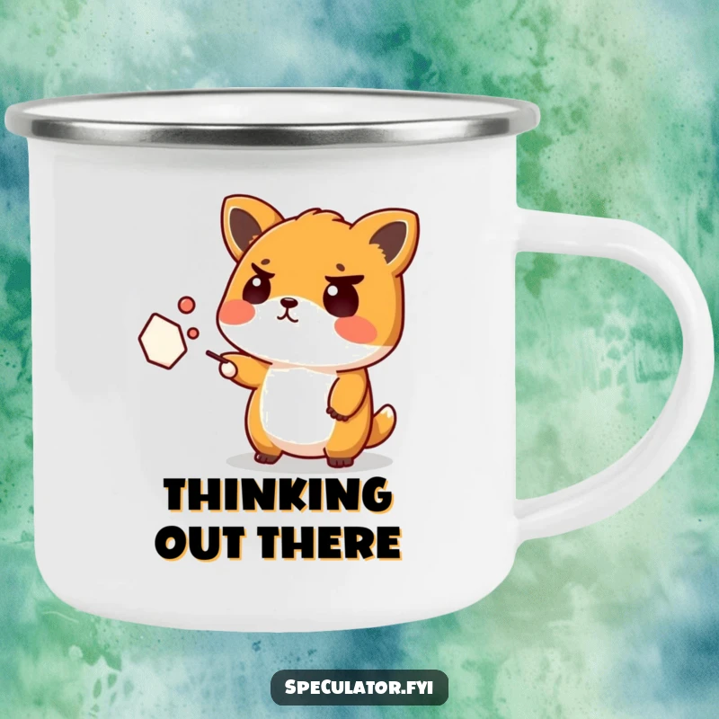 Funny Kawaii Animal Camping Mug: A confused Kawaii animal with a furrowed brow points at an abstract shape, perfect for humorous outdoor moments.