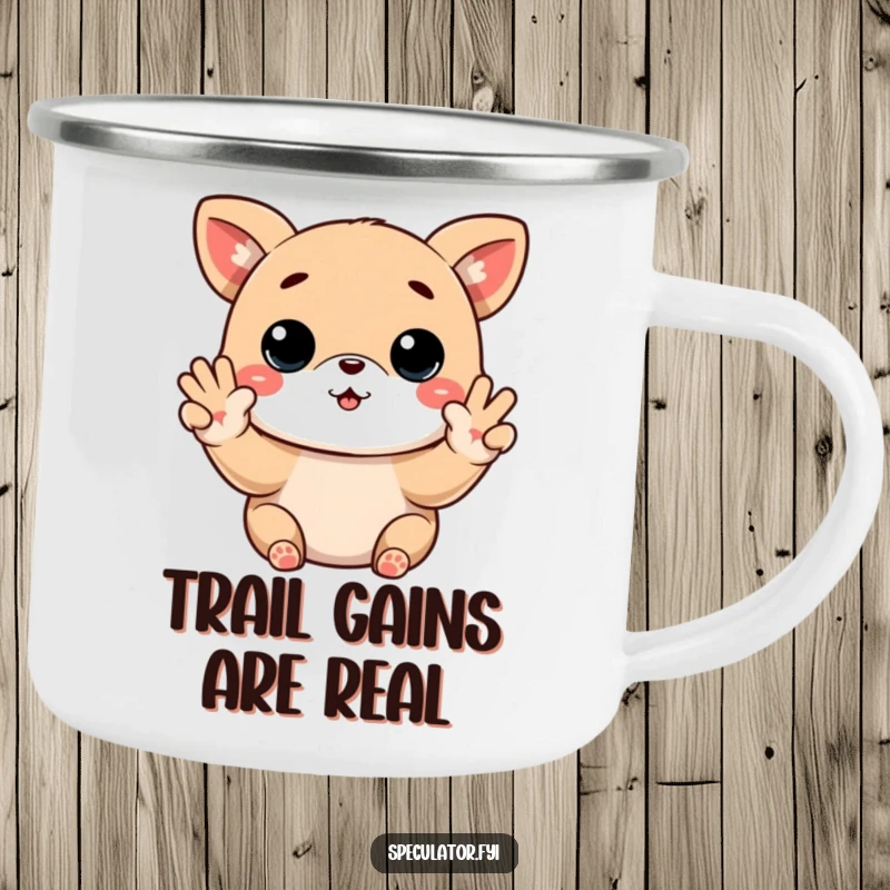 Funny Kawaii animal camping mug showing buy low sell high paws gesture, for outdoor trading fans and as a funny gift.