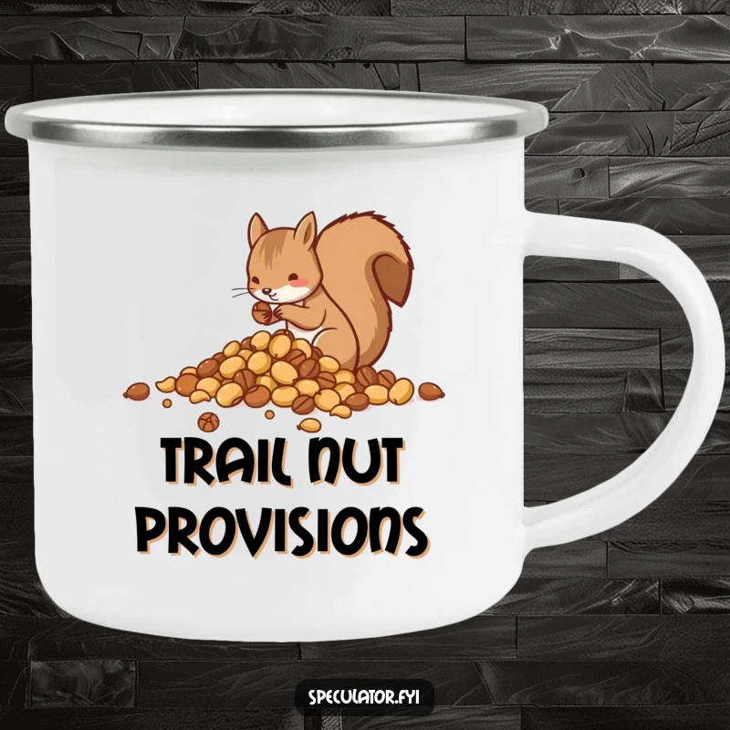Funny camping mug graphic of a squirrel meticulously sorting nuts into piles, ready for any outdoor adventure.