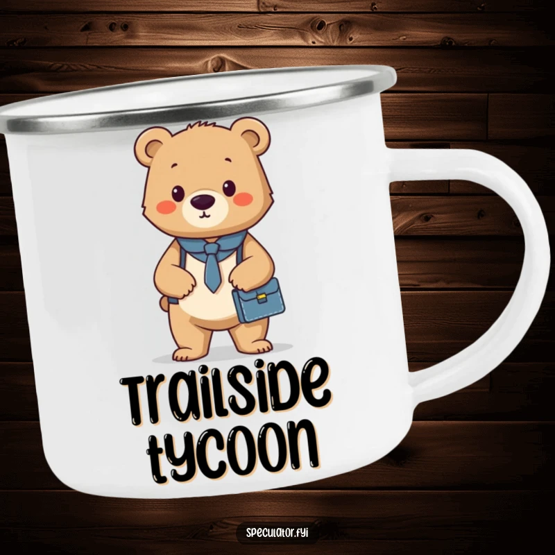 Funny and durable camping mug with a confident bear cub carrying a briefcase, perfect for adventurers with professional aspirations.