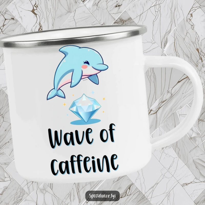 Funny playful dolphin camping mug, leaping over a sparkling diamond, durable and humorous outdoor drinkware.