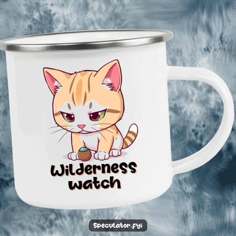 Funny cat character camping mug intensely focused on a small moving object, perfect for outdoor adventures and displaying feline focus.