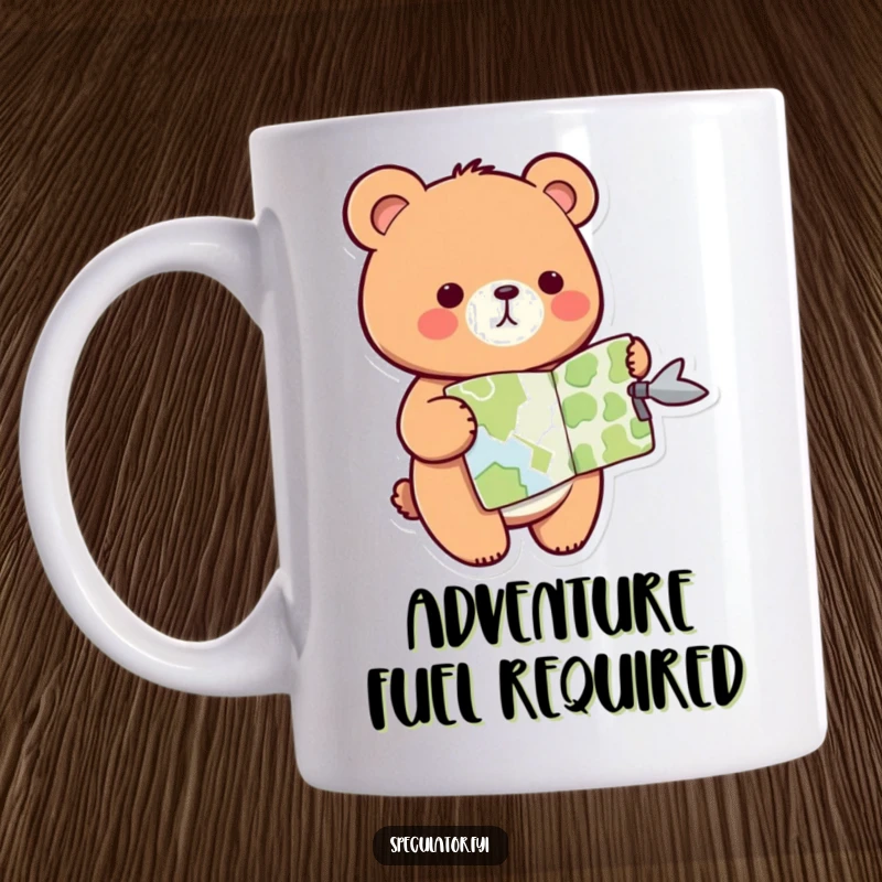 Funny kawaii bear mug, holding a map and pointing in a direction, perfect for coffee lovers and adventurers.