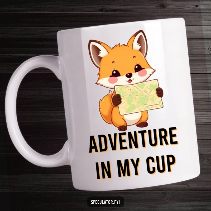 Funny Fox Cub Map Mug showing a happy cub holding a tiny, detailed map, ready for adventure with a humorous, curious expression.