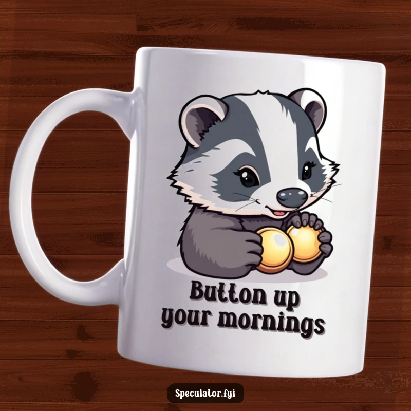 Funny determined badger with a bright smile carefully inspecting a shiny button on a ceramic mug, a cute and humorous item.