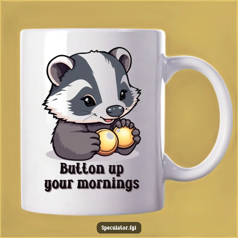 Funny Determined Badger Inspecting Button Mug - Whimsical Gift!