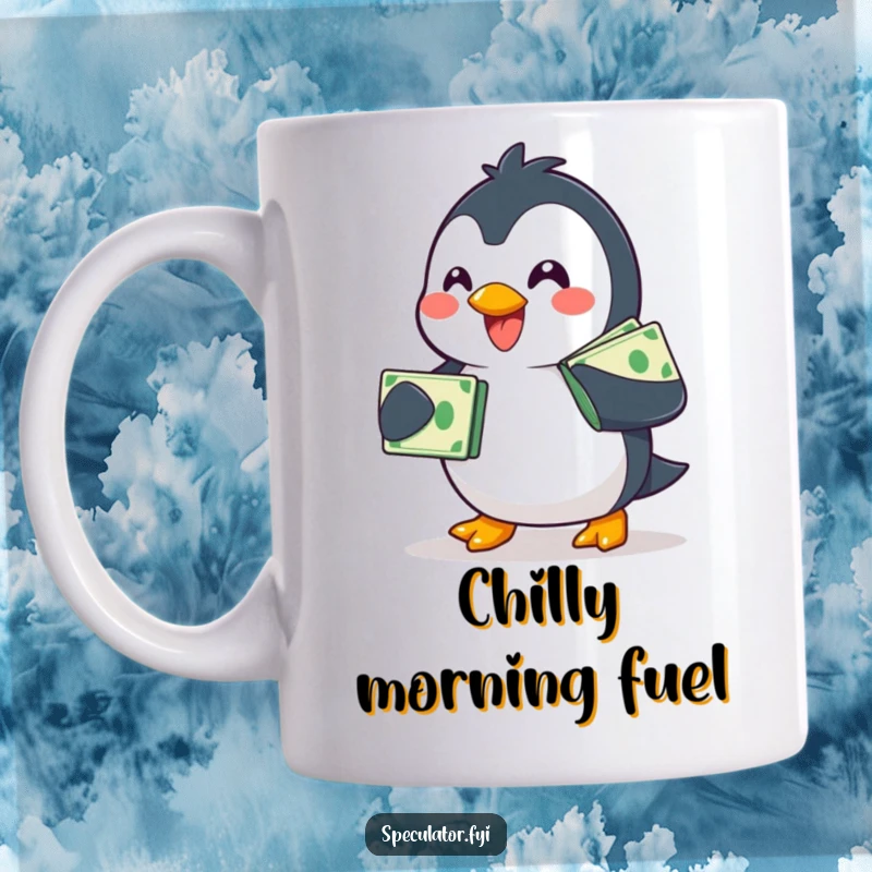 Funny smiling penguin mug, waddling cheerfully with a stack of bills, a humorous and money-conscious character.